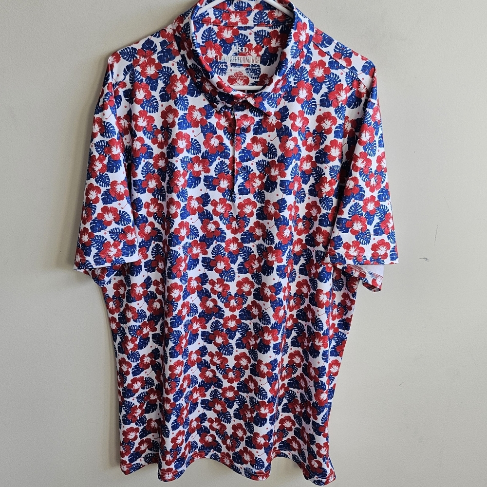 LRD Performance Floral Golf Club Polo Shirt - Red White Blue - Size XL
